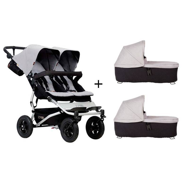 Dueto 3.0 Twin Stroller by Mountain Buggy com 2 berços de prata