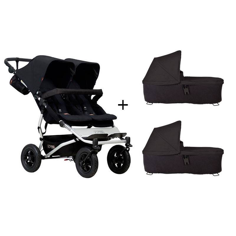 Cochecito Gemelar Duet 3.0 de Mountain Buggy con 2 capazos silver